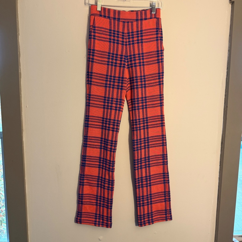 Vintage 70s Plaid Pants Womens Orange Blue High Waisted Straight Leg Knit
